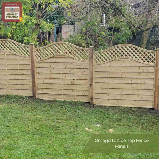 A garden with grass and trees features three KDM Omega Lattice Top Fence Panels, each with a curved lattice design. A Bingley Fencing sign appears in the upper left corner.