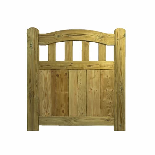 A wooden garden gate with vertical planks, three rectangular cut-out windows at the top, and two sturdy side posts, all in a natural wood finish.