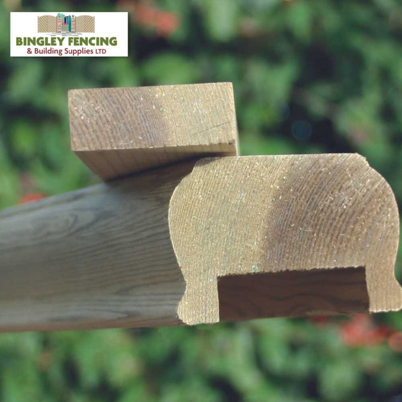 Load image into Gallery viewer, Close-up of two Premier Handrail & Fillet System - 12' Lengths from KDM, showcasing intricate grooves against a blurred green background, reminiscent of high-quality balustrade components. A small logo for Bingley Fencing & Building Supplies Ltd is in the top left corner.