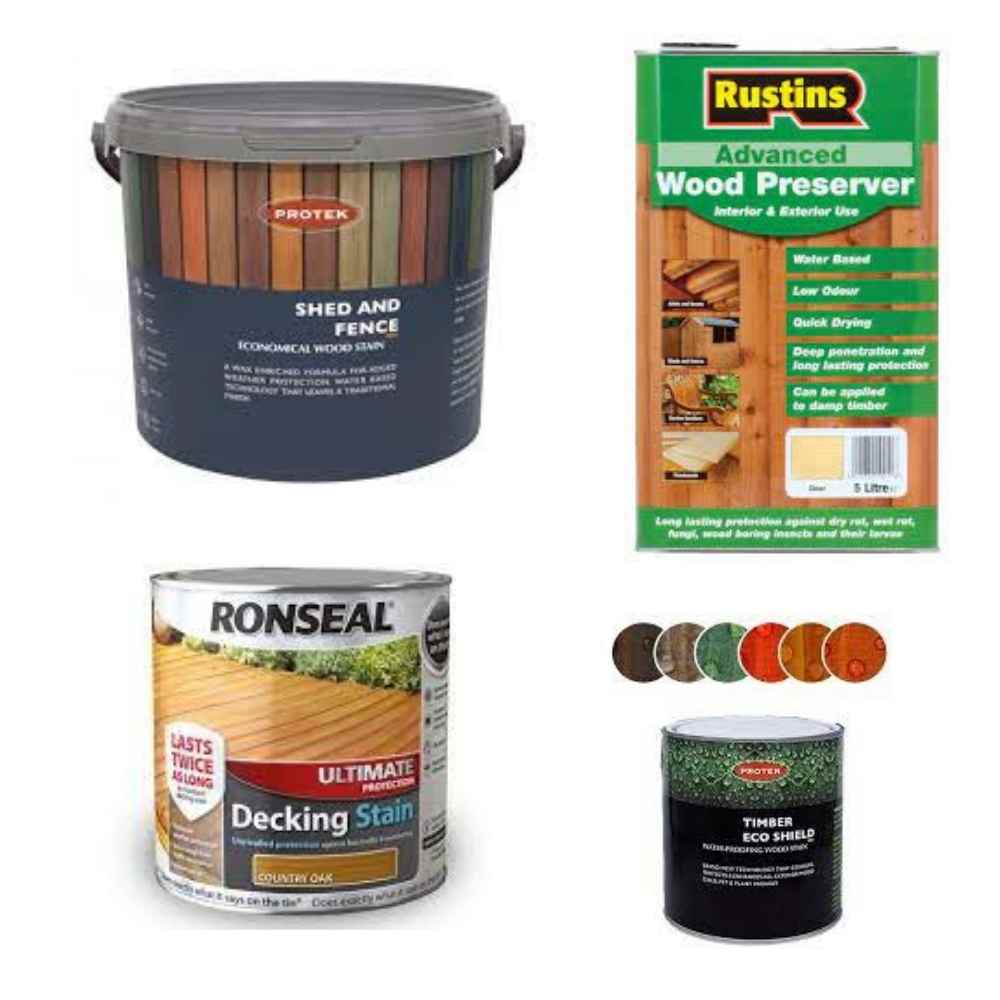 Four types of wood paint and stain products, including large tubs, a can, and a box, designed for outdoor use on sheds, fences, and decking, in various brands and colors.