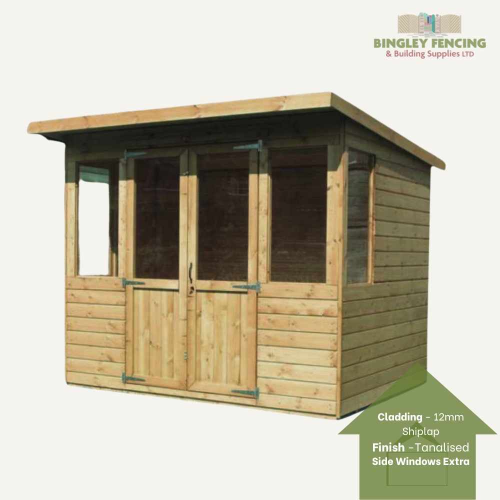 Introducing the Pent Summerhouse by Bingley Fencing, a made-to-order wooden garden shed that features large front windows and a door with 12mm shiplap cladding, all finished with a tanalised treatment. It also includes additional side windows and offers a convenient payment plan option.