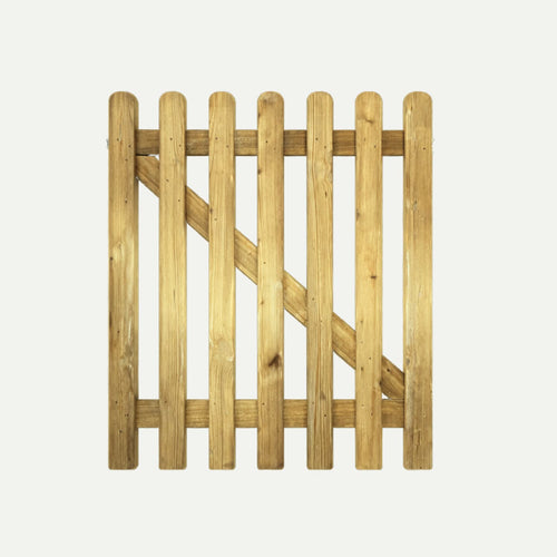 The KDM Round Top Picket Gate - RTPG90 features vertical planks with rounded tops and diagonal support beams, ideal for bespoke picket gate installations, shown here against a plain white background.