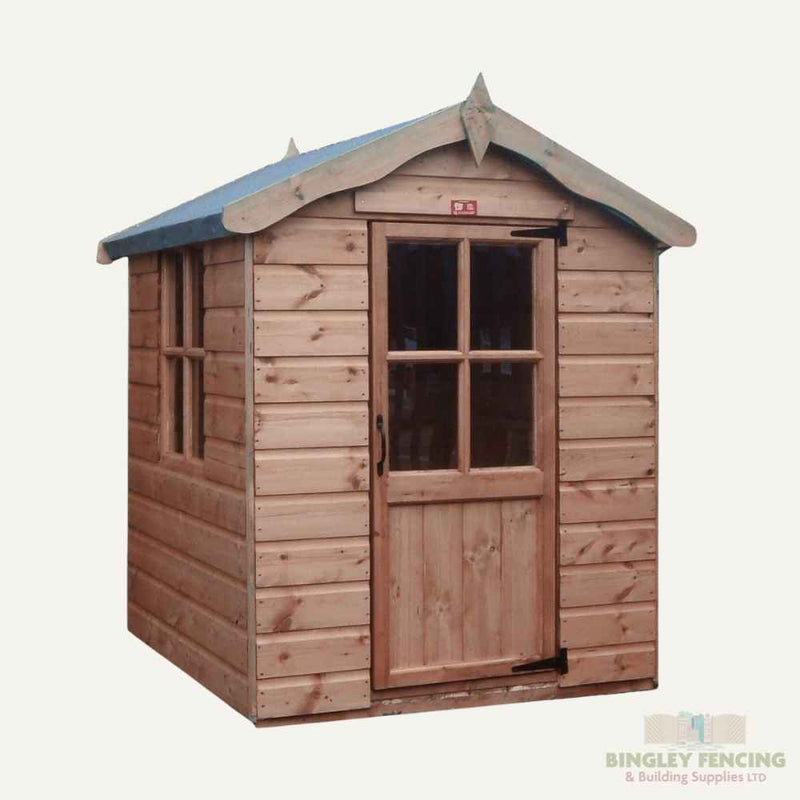 Load image into Gallery viewer, The Pixie Den Kids Playhouse by Bingley Fencing is a small wooden garden shed featuring a single door with a glass window and a blue roof. Ideal for outdoor play, it includes the brand's logo in the bottom right corner.