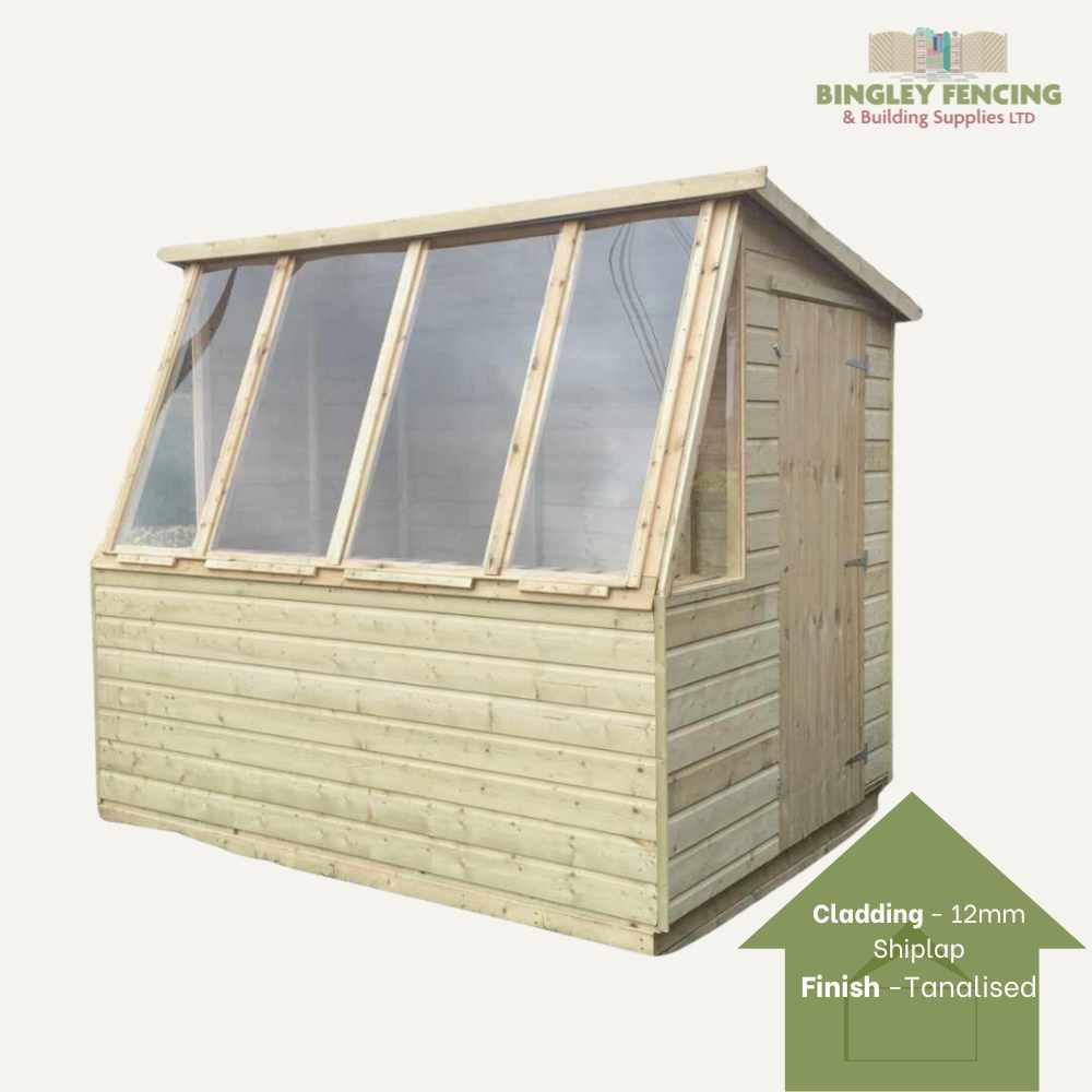 The Potting Shed - Gardeners Choice by Bingley Fencing provides an ideal growing space with a wooden structure featuring a slanted roof and four large glass panels on one side. It is crafted from tanalised wood with 12mm shiplap cladding, reminiscent of custom-made garden sheds, and proudly displays the Bingley Fencing logo in the top right corner.