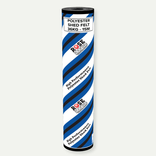A roll of Reinforced Polyester Shed Felt Roofing Roll by Bingley Fencing, featuring a blue and black striped design, displayed on a white background. This heavy-duty roofing felt offers durable and reliable shed roof covering.