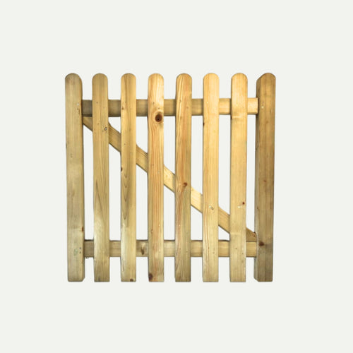 The KDM Premium Round Top Picket Gate - PPG90 features vertical slats and a diagonal support beam; this pressure-treated timber gate is displayed against a plain white background.