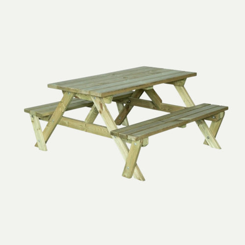 The KDM Premium A Frame Table (PB140, 150cm x 140cm) offers outdoor seating with attached benches on both sides, featuring a sturdy design and natural wood finish.