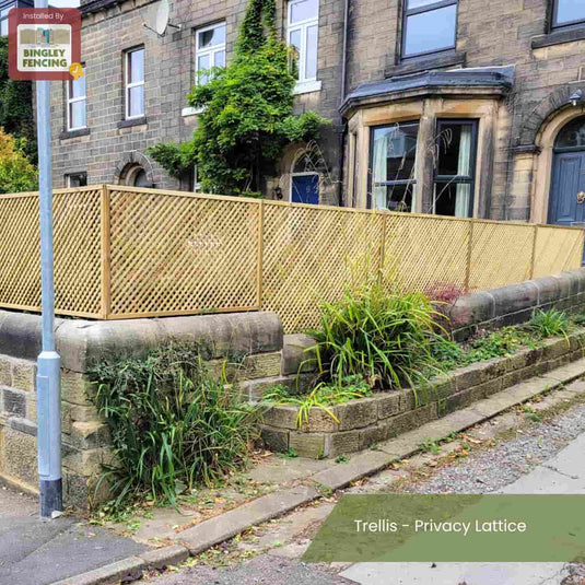 A KDM Trellis - Privacy Lattice - Rectangle 45cm x 183cm (PL8) fence sits on a stone wall outside a stone house with tall windows and a blue door, surrounded by plants and a streetlamp. A sign reads Installed By Bingley Fencing.