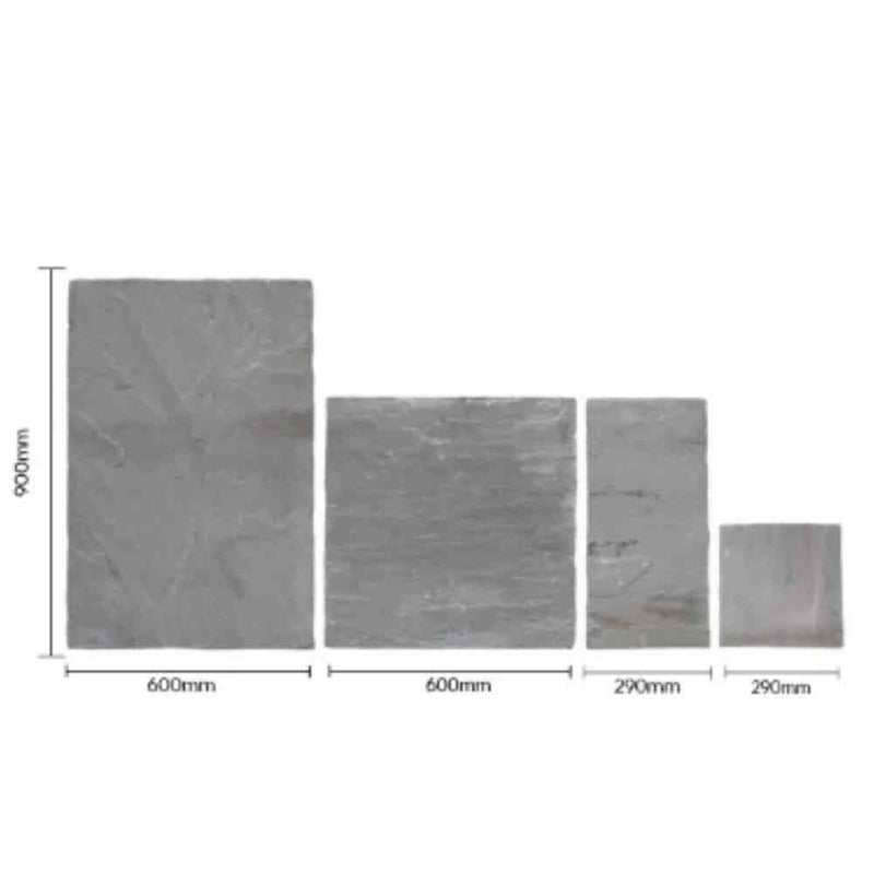 Load image into Gallery viewer, Four gray rectangular paving stones, resembling the Indian Stone Paving - Project pack by Bingley Fencing, are arranged from left to right in decreasing size, with dimensions labeled as 600x900mm, 600x600mm, 290x600mm, and 290x290mm.