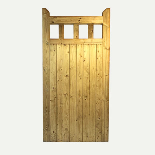 The KDM Regency Euro-Gate is made from pressure-treated timber, has vertical planks, four square cut-out windows at the top, tall side posts, and a tongue and groove design—a stylish choice for your garden.