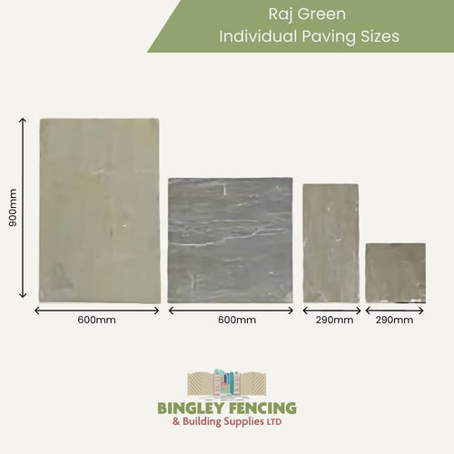 Four Raj Green Indian Sandstone Paving Slabs by Bingley Fencing are displayed in sizes 600x900mm, 600x600mm, 290x600mm, and 290x290mm, with the Bingley Fencing logo included.