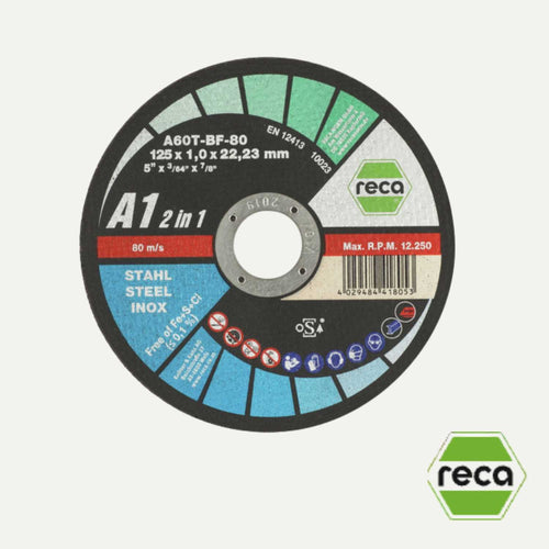 RECA Allroad A1 Cutting Disc 115 x 1.0 x 22.23mm – Steel & Inox ultra-thin circular cutting disc with printed technical specifications and safety icons.
