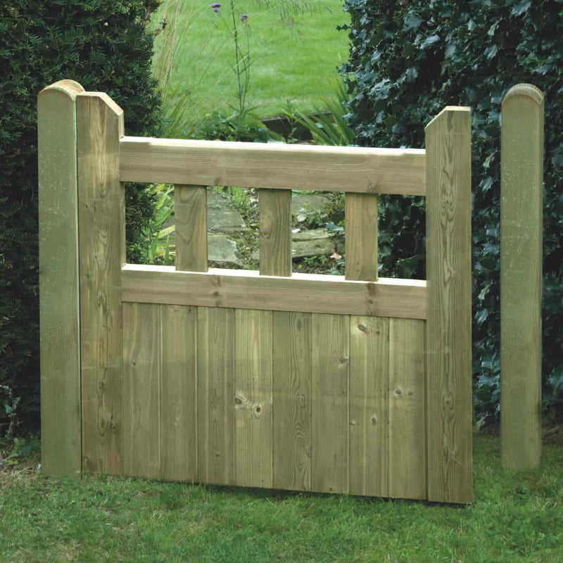 Load image into Gallery viewer, The KDM Regency Euro-Gate features vertical planks on the lower half and three rectangular openings above, perfect for gardens surrounded by grass and greenery.