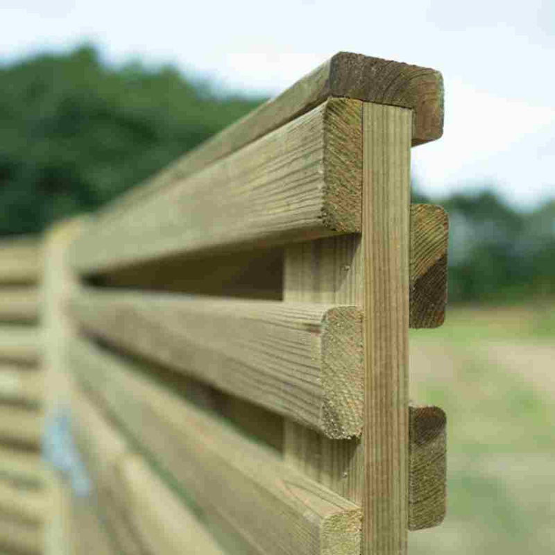 Load image into Gallery viewer, A close-up of KDM's Double Sided Slatted European Panels highlights their angled, layered design, perfect for privacy and security. The background gently blurs with lush greenery and sky, accentuating the elegance of these fence panels.