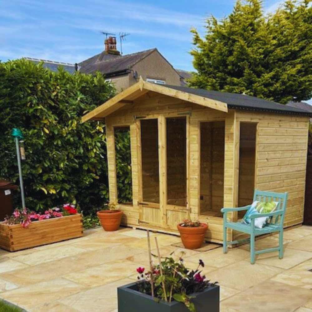 Apex style wooden summerhouse with long double fronted doors