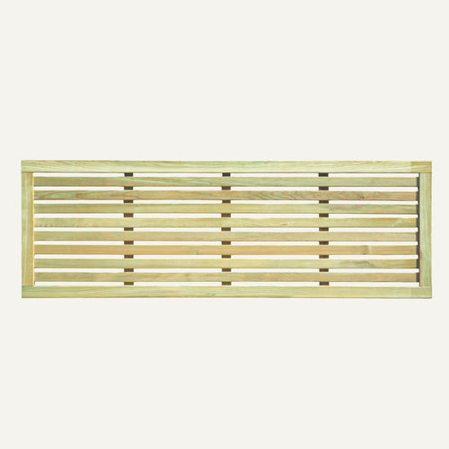 The KDM Slatted Fence Panel is a contemporary rectangular garden panel with evenly spaced horizontal slats, made from pressure-treated softwood and framed solidly, displayed against a white background.