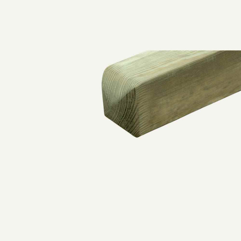 Load image into Gallery viewer, A close-up of a KDM Smooth Planed - 4x4 (90mm x 90mm) European Post with a rounded top corner, isolated on white, highlights the grain and texture of the wood, showcasing its natural appearance.
