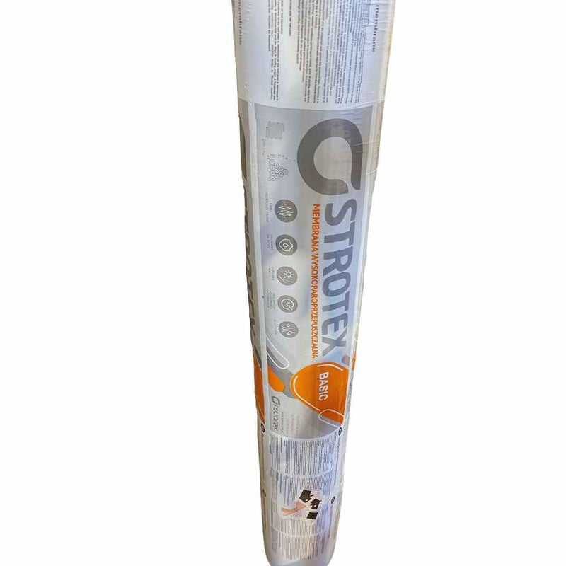 Load image into Gallery viewer, A rolled-up package of Strotex BASIC - Roofing Membrane 115g/M2 50mx1.5m, wrapped in plastic with product information and logos in grey and orange on the label; a breathable roofing membrane from Strotex.