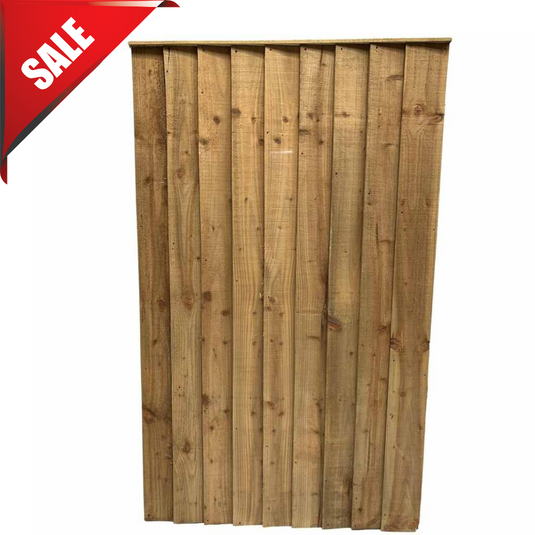 A Bingley Fencing Feather Edge Gate **Reduced** is showcased with vertical planks, topped with a bold red Sale banner in the upper left corner. This tanalised piece from Bingley Fencing offers durability and style, reminiscent of their renowned gate designs.