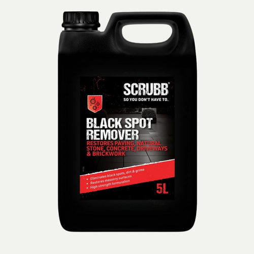 The 5L Bingley Fencing SCRUBB Black Spot Remover for Paving & Masonry cleans paving, natural stone, concrete, driveways, and brickwork by removing black spots, dirt, and grime.