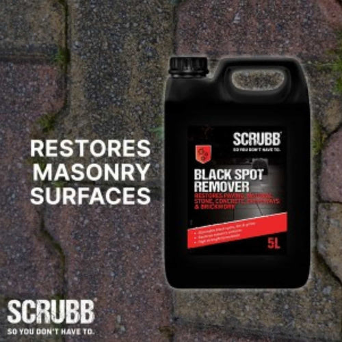 A 5L container of Bingley Fencing SCRUBB Black Spot Remover for Paving & Masonry is shown on brick paving. Text reads: Restores masonry surfaces—SCRUBB so you don’t have to. The ideal cleaner for stubborn patio stains.