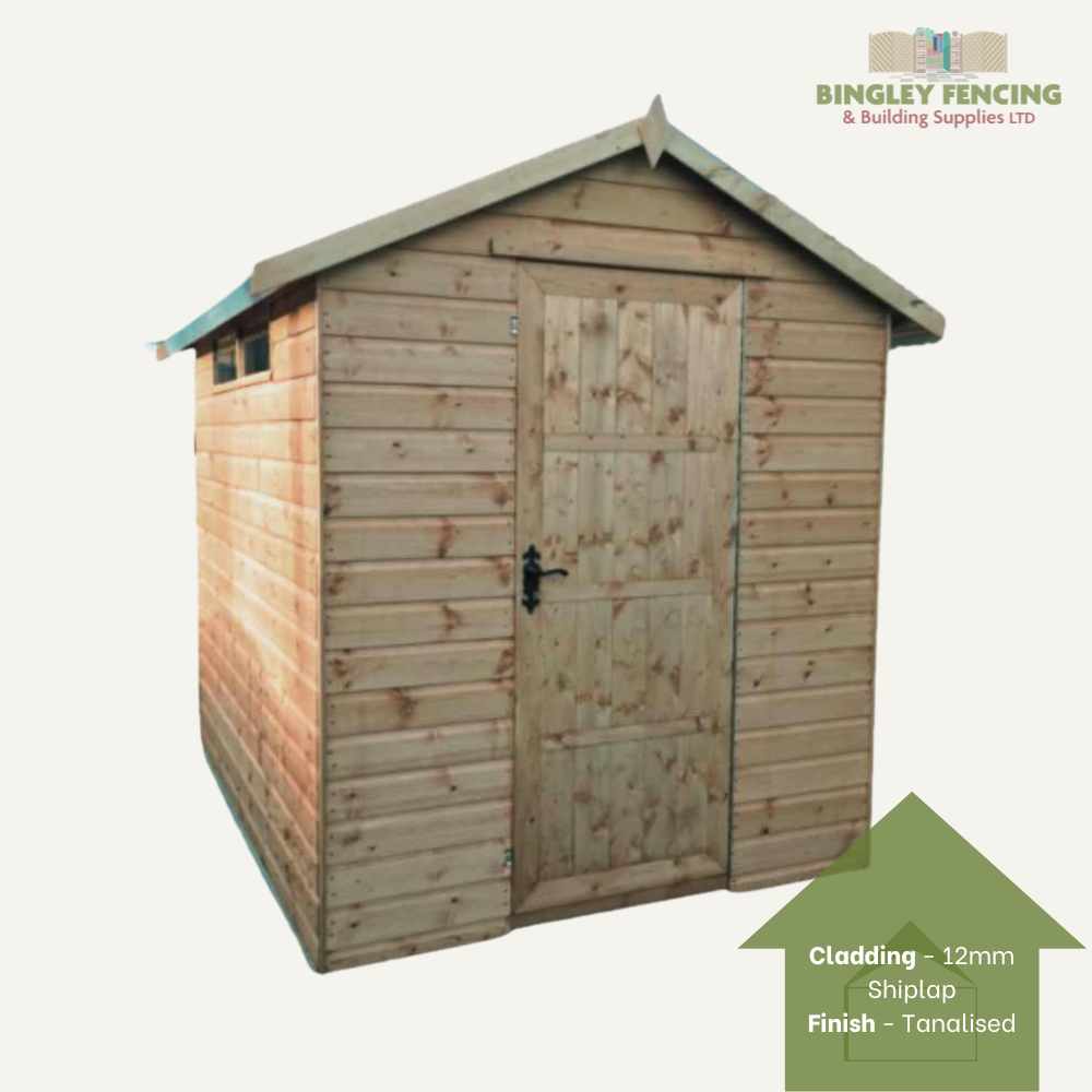 The Security Shed - Apex from Bingley Fencing features a solid wooden design with a sloped roof, 12mm shiplap cladding with tanalised finish, and a front door enhanced by a morticed lever lock. The Bingley Fencing logo is displayed in the upper right corner.