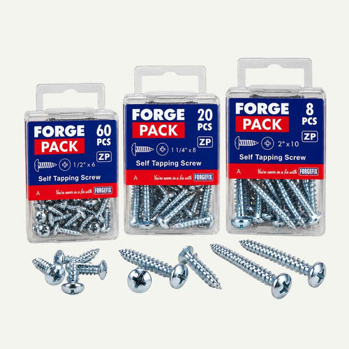 Three ForgeFix Zinc Plated Self Tapping Screws – Various Sizes FOR GRACE hanging packs and three loose screws of varying lengths.