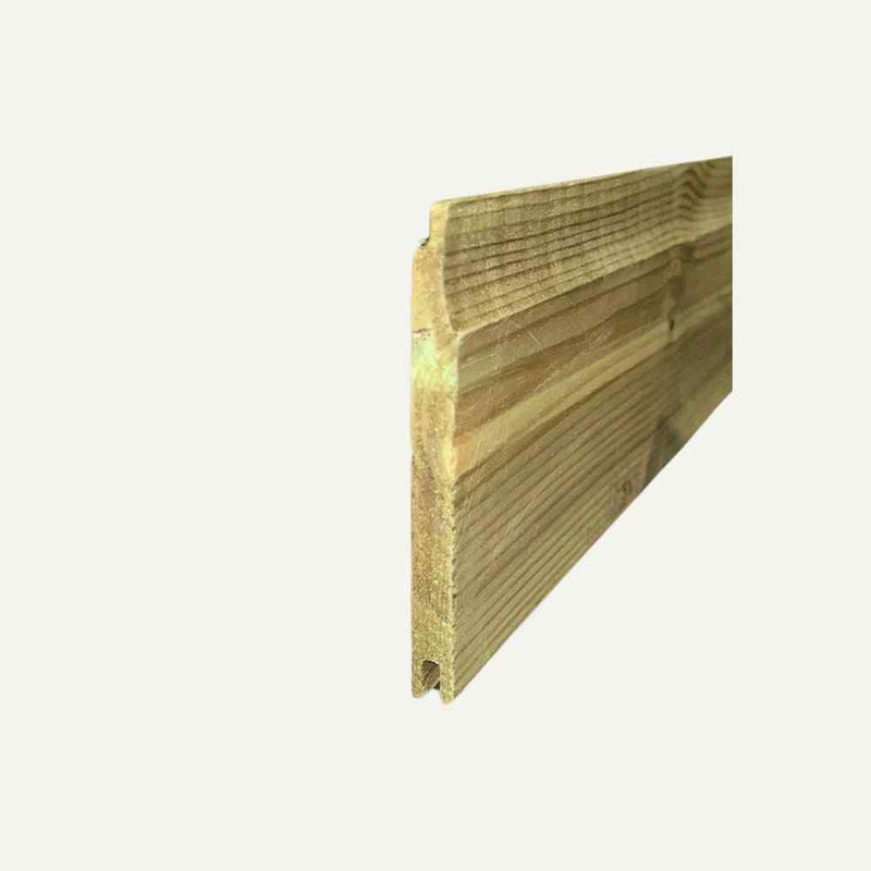 Load image into Gallery viewer, A close-up view of Bingley Fencing's Shiplap Cladding Boards, featuring a natural, light brown finish, showcases their tongue and groove edge design. These boards are ideal for shed building or paneling. The visible wood grain against a neutral white background highlights their potential as weather-resistant options.