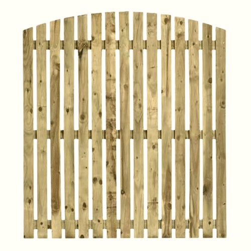 The Bingley Fencing Paling Fence Panels - Single Sided - 1 Gaps - Arched Top feature vertical slats with a natural, unfinished look and elegant curved top, perfect for made-to-measure garden fencing.