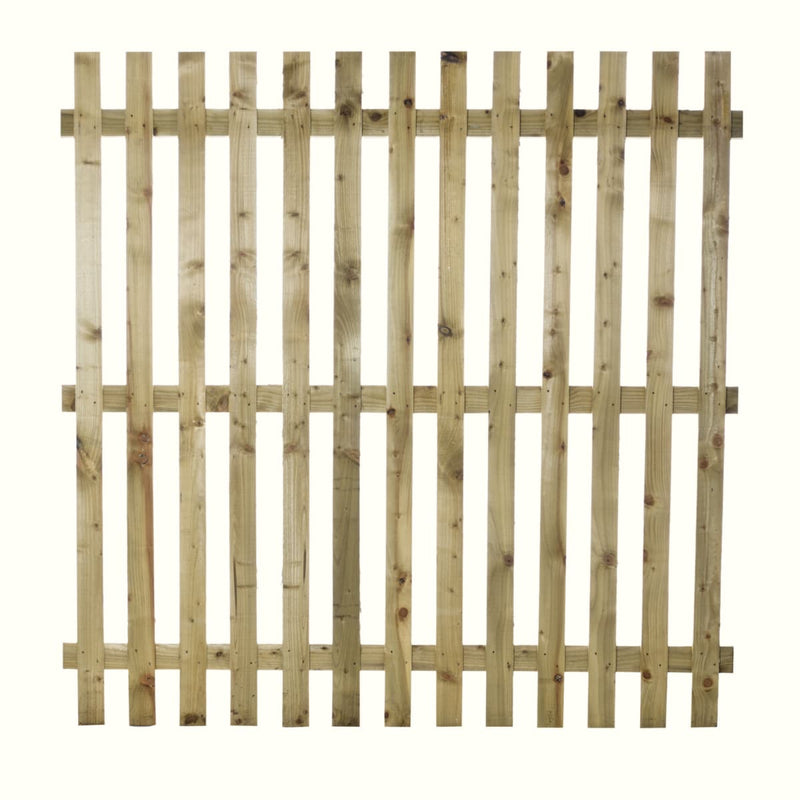 Load image into Gallery viewer, The Bingley Fencing Paling Fence Panels - Single Sided - 2 Gaps - Flat Top feature vertical slats and two horizontal supports, crafted from light pressure treated wood—perfect for easy fence installation.