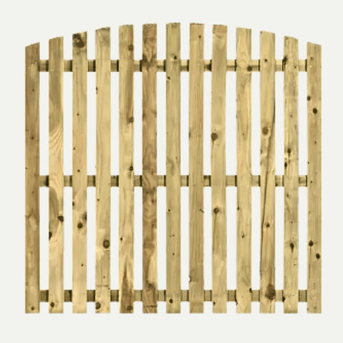 The Bingley Fencing Paling Fence Panels - Single Sided feature 2 gaps and an arched top, made from light natural wood. Perfect for garden privacy or strong wind protection in gardens or yards.