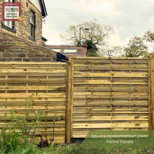 A KDM Square Horizontal Fence Panel (SH) with solid timber slats is installed before a stone house and garden, trees, and a cloudy sky. Text: “Square Horizontal Fence Panels.”.