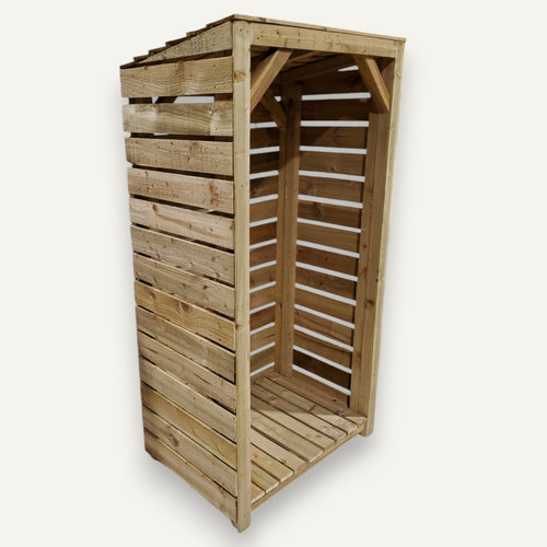 The Bingley Fencing Tall Log Store boasts a slatted design with an open front and sloped roof to protect firewood. Made from light-colored, pressure-treated wood, its ideal for outdoor use, ensuring logs stay dry and organized.
