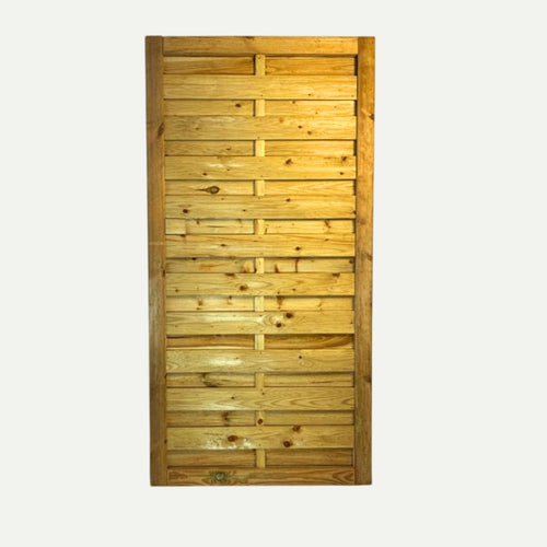 The KDM Square Horizontal Euro-Gate (SHG180) is a pressure-treated wooden gate with a natural finish, featuring evenly spaced horizontal slats and robust vertical borders, crafted in the classic European fence panel style.