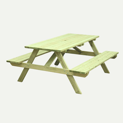 The KDM Standard - A Frame Table SPB180 (160cm x 180cm) is a sturdy wooden picnic table with attached benches, featuring a natural wood finish—perfect for outdoor dining or pairing with other timber garden products.