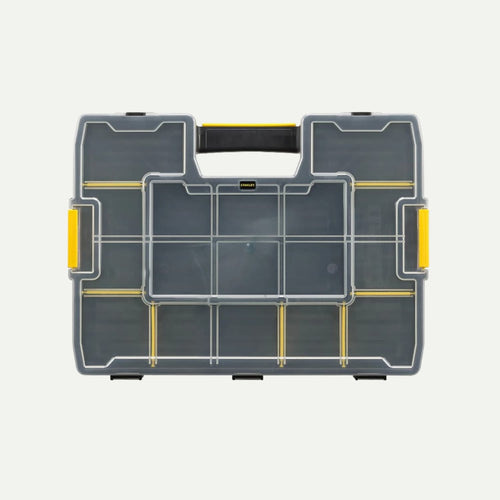 The Stanley SortMaster Organiser 375 x 292 x 70mm features a transparent plastic lid, black handle, yellow side latches, and multiple compartments—an ideal storage solution for small items or tools.