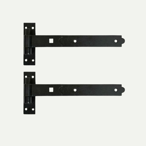 Two Henry Shaw Straight Heavy Duty Hook & Band Hinges in black, shown horizontally on a white background. Each hinge has multiple screw holes and squared corners, suitable for timber gates. Available in various sizes.