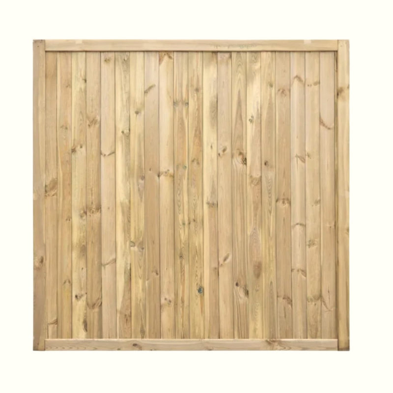 Load image into Gallery viewer, The KDM Tongue & Groove Fence Panels Flat Top (TGF) features vertical light brown wooden planks with horizontal framing, providing a stylish privacy fence against a plain white background.