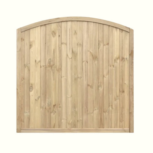 The KDM Arched Tongue & Groove Fence Panel (TGA180) features vertical planks, a natural light wood finish, and an arched top for added privacy fencing.