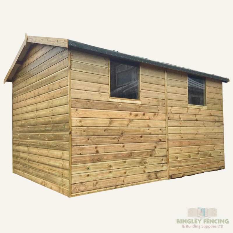 Load image into Gallery viewer, Introducing The Workshop - Speciality Shed from Bingley Fencing. This wooden shed boasts a flat roof and two small windows, offering a rustic charm with its visible wood grain and knots. Ideal for secure storage, it proudly features the Bingley Fencing logo in the bottom right corner.