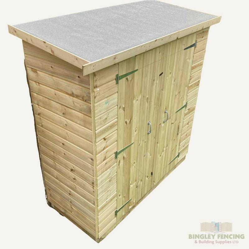 Load image into Gallery viewer, Discover the Wooden Garden Storage with Locks by Bingley Fencing, featuring a flat asphalt roof ideal for tool storage. It comes with double doors equipped with metal handles and hinges, and boasts a natural wood finish. The Bingley Fencing logo is proudly displayed in the bottom right corner, guaranteeing high-quality utility sheds for all your needs.
