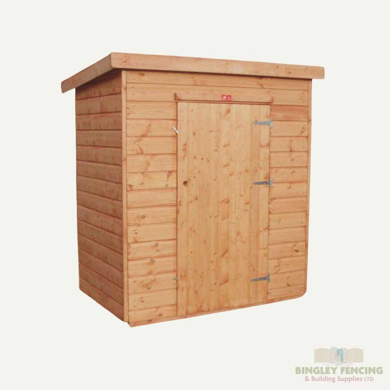 Load image into Gallery viewer, In the image, a small Bingley Fencing Tool Shed with a sloped roof is prominently displayed. Perfect for storing tools, it includes a single door with three metal hinges on the right side. The wood boasts a natural finish, and the Bingley Fencing logo is situated in the lower right corner, making it an ideal choice for keeping your garden tidy.