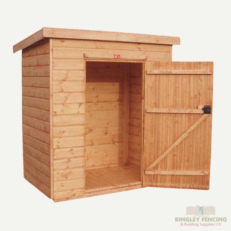 Load image into Gallery viewer, Bingley Fencing's Tool Shed showcases an inviting open door, slanted roof, and sleek horizontal paneling. The interior reveals a roomy, uncluttered space ideal for organizing garden tools. Positioned against a minimalist backdrop, this shed exemplifies practicality and style.
