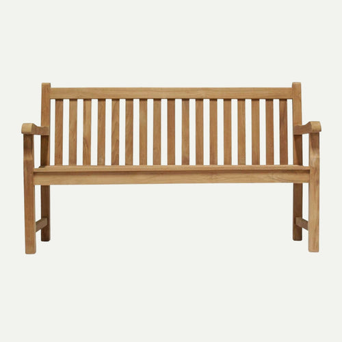 The Bingley Fencing 1.5m Teak Garden Bench features a straight slatted back and seat, armrests, and a natural wood finish—ideal hardwood outdoor seating for any space in Bradford West Yorkshire.