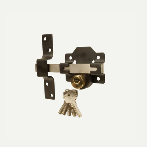 The Bingley Fencing Long Throw Key Lock features a black and stainless steel double-locking mechanism, mounted on a light background. Five keys hang from the lock, highlighting its security-focused design. Available in 50mm or 70mm.