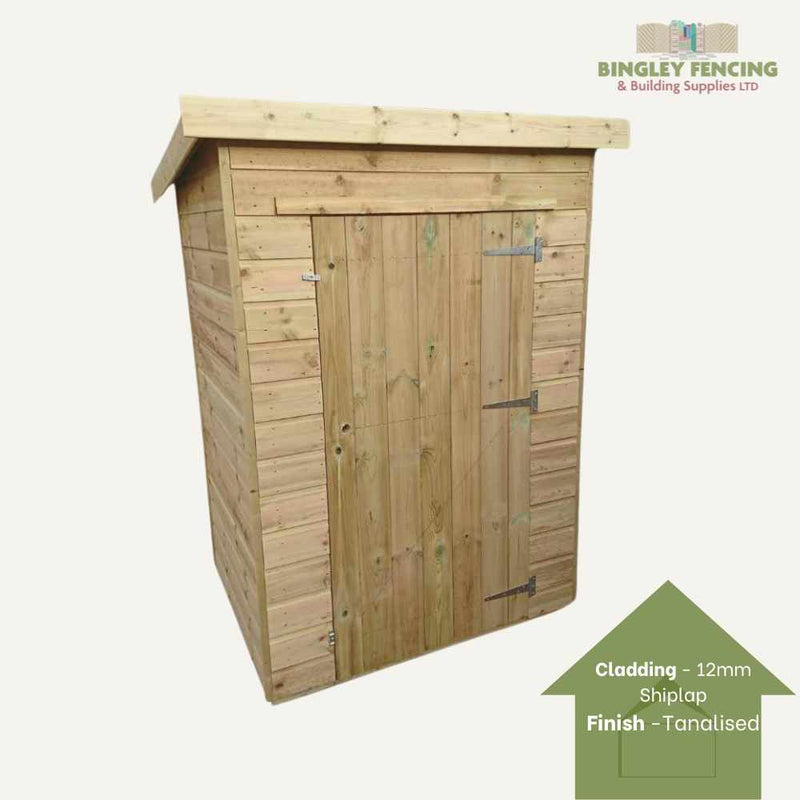 Load image into Gallery viewer, The Tool Shed by Bingley Fencing is a wooden garden shed featuring a slanted roof and a single door, crafted from 12mm shiplap cladding with a tanalised finish, ideal for storing tools. The Bingley Fencing logo graces the top right corner.