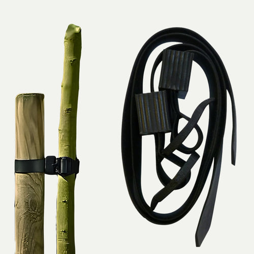 Two wooden poles are secured using Apollo Buckle Tree Ties 18" (Pack of 2) by Apollo. A coiled strap with a buckle sits nearby, ideal for fastening and supporting trees or securing other objects.