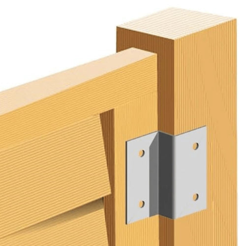 Illustration of a wooden fence with two horizontal planks attached to a vertical post using the Bingley Fencing Trellis Clip Zinc Plated 60mm. The natural wood finish contrasts with the clip's corrosion-resistant zinc plating, and four visible screws secure it to the post.