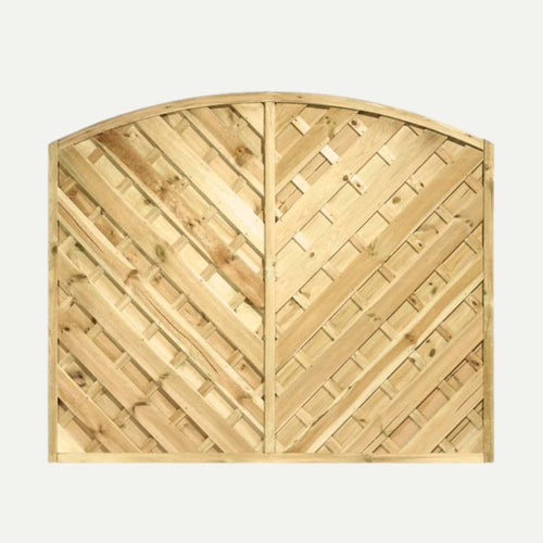 The KDM 'V' Arched Solid Fence Panel - VA is crafted from light-colored, pressure-treated wood. Its decorative lattice pattern and arched top combine style with durability, making it ideal for adding privacy to your garden.