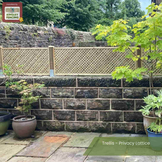 A stone patio with potted plants is bordered by a stone wall topped with KDM Trellis - Privacy Lattice - Rectangle 45cm x 183cm (PL8) panels, adding privacy. A small tree and greenery are visible nearby. Text: Trellis – Privacy Lattice.
